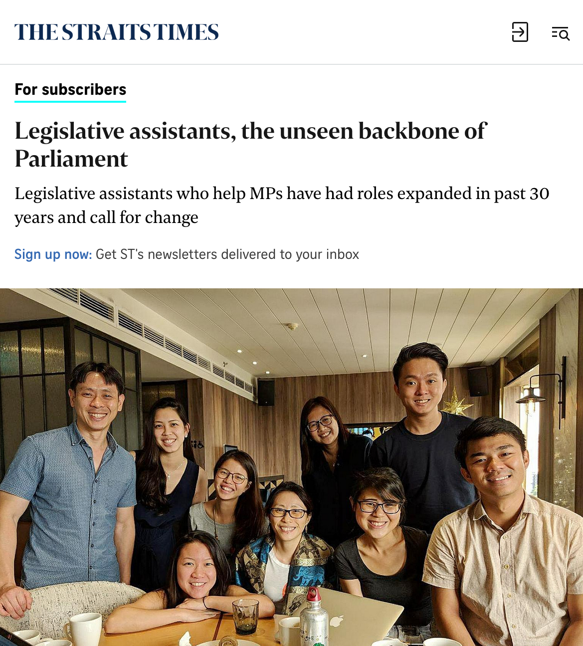 Screenshot of news article featuring MP Louis Ng and his Legislative Assistant team